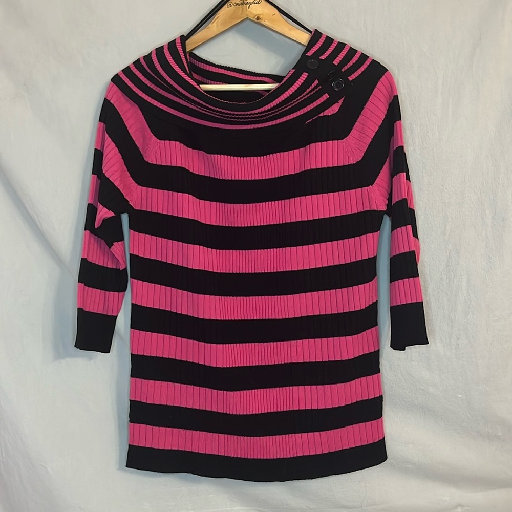 Caren Sport Pink and Black Stripe Cowl Neck Ribbed Sweater in 2X